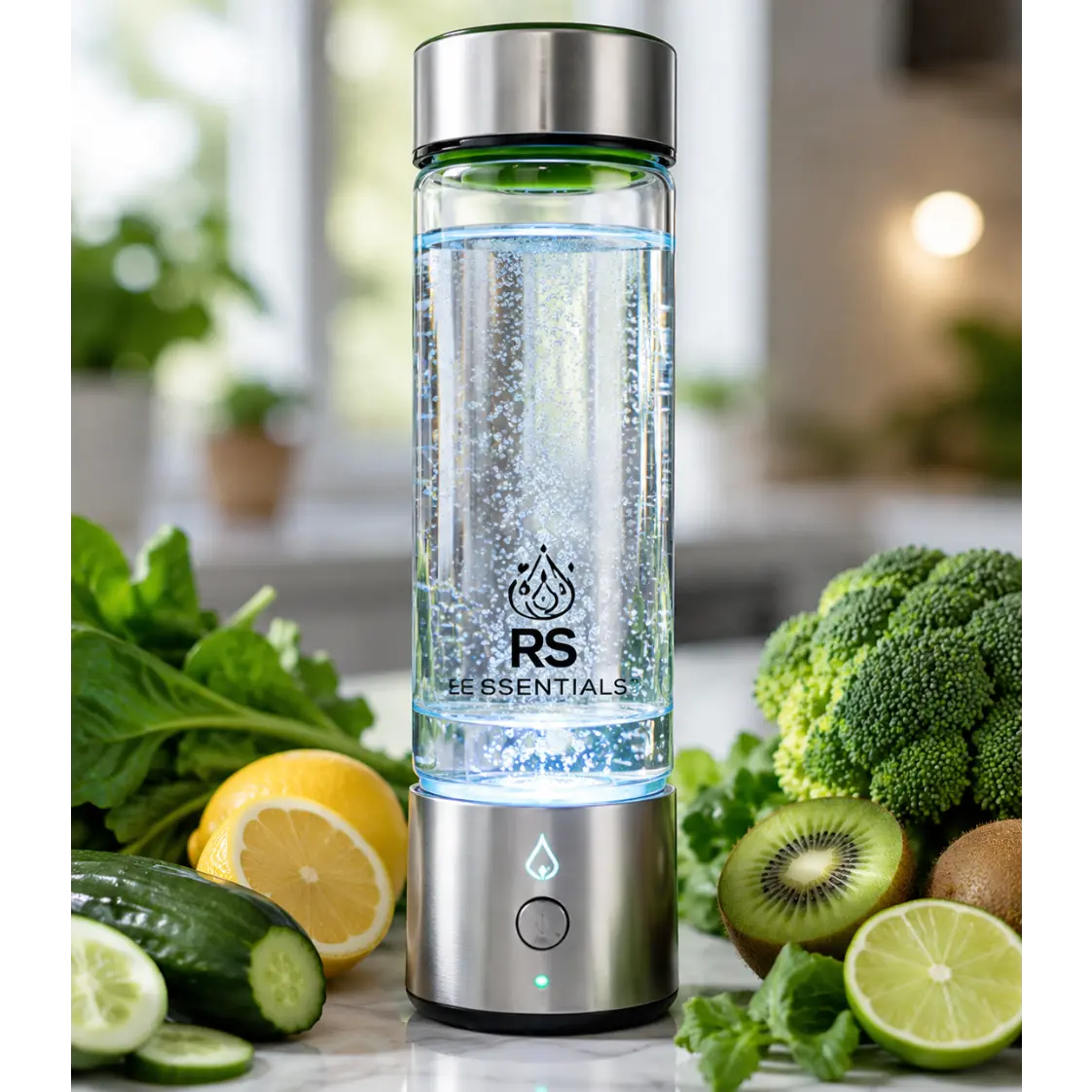 A clear and stainless steel RS Essentials water bottle with a visible bubbly water treatment chamber, styled on a marble countertop with fresh vegetables and fruits like broccoli, cucumber, kiwi, and lemon in a blurred kitchen background.